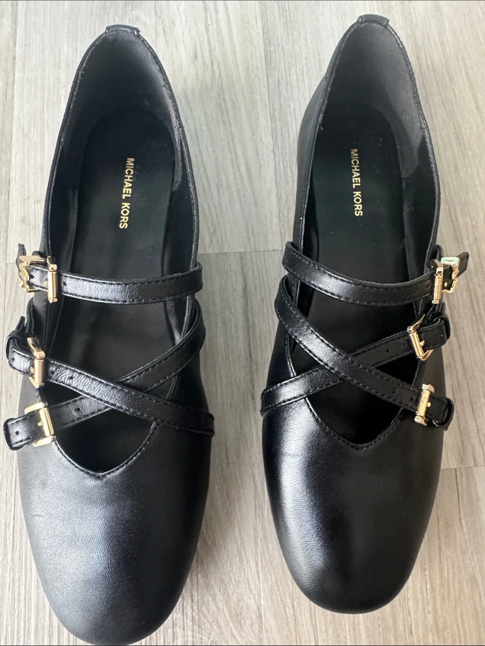 Michael Kors Black Triple-Strap Mary Jane Flats with Gold Buckles
